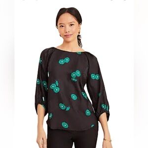 Ann Taylor Black Blouse with Green Floral Accents